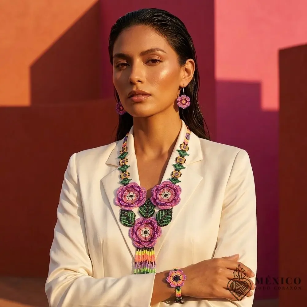 Huichol Mexican art 3 piece necklace earings and bracelet orange